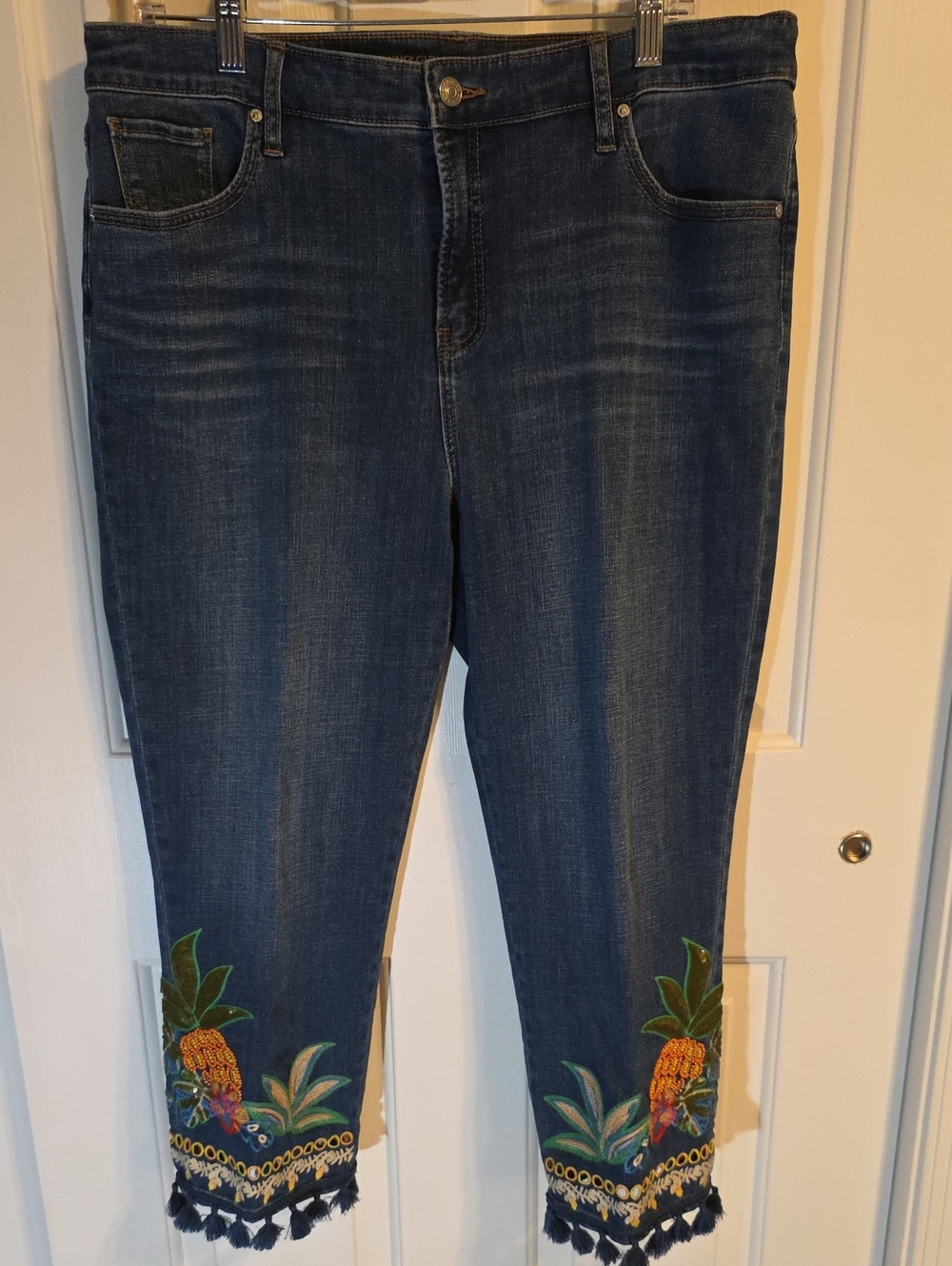Chico's Dark Blue Cropped Jeans with Pineapple Embroidery